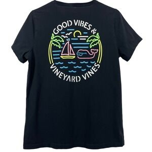 Vineyard Vines Womens L T-Shirt Black‎ Neon Good Vibes Sailboat Whale Pocket Tee